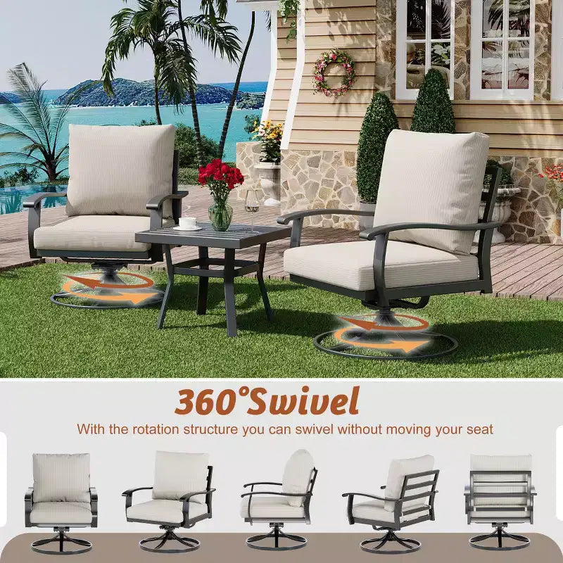 Ensemble de conversation d'extérieur 7 pièces en métal EROMMY avec fauteuils pivotants à 360°, canapé, table basse et pouf pour patio, jardin, terrasse ou piscine