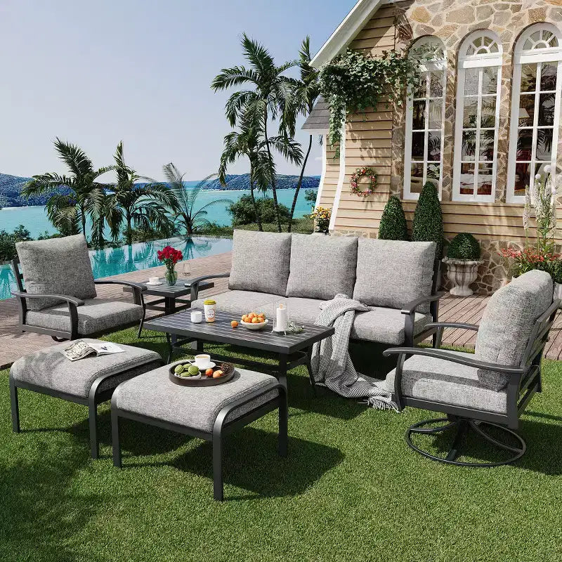 Ensemble de conversation d'extérieur 7 pièces en métal EROMMY avec fauteuils pivotants à 360°, canapé, table basse et pouf pour patio, jardin, terrasse ou piscine