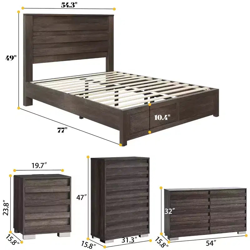 AMERLIFE Ensemble de chambre 5 pièces style ferme, cadre de lit, commode 6 tiroirs 54 po L, commode 5 tiroirs 47 po H, ensemble de 2 tables de chevet