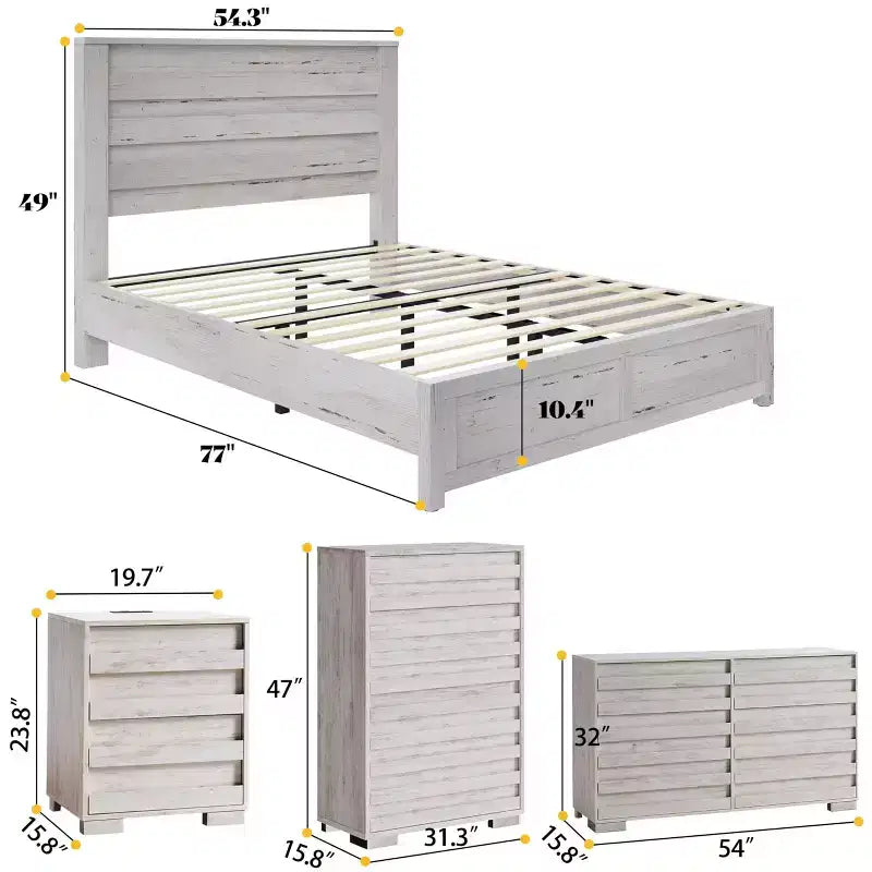AMERLIFE Ensemble de chambre 5 pièces style ferme, cadre de lit, commode 6 tiroirs 54 po L, commode 5 tiroirs 47 po H, ensemble de 2 tables de chevet