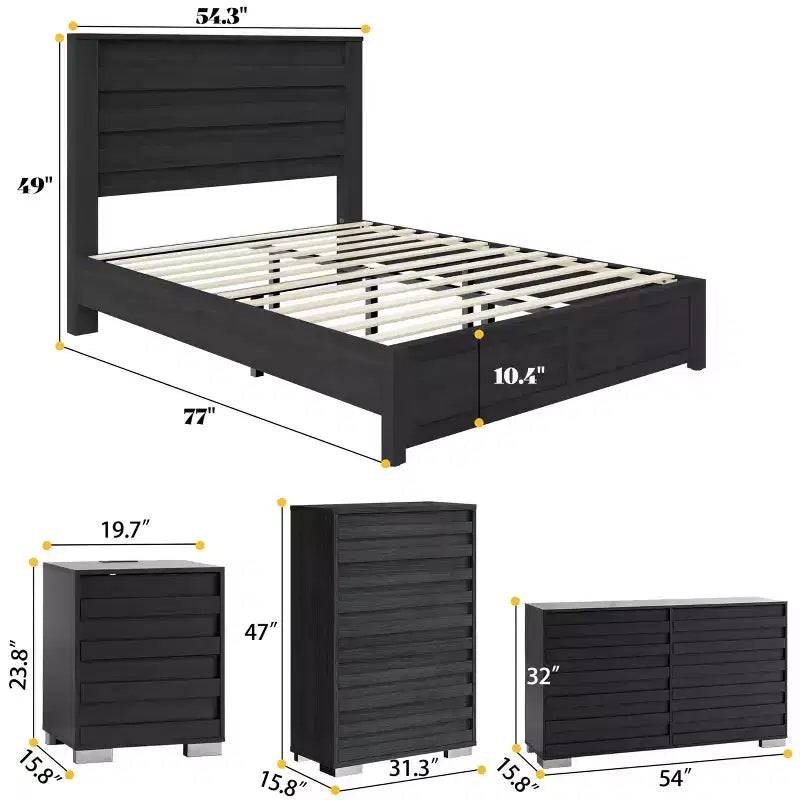 AMERLIFE Ensemble de chambre 5 pièces style ferme, cadre de lit, commode 6 tiroirs 54 po L, commode 5 tiroirs 47 po H, ensemble de 2 tables de chevet