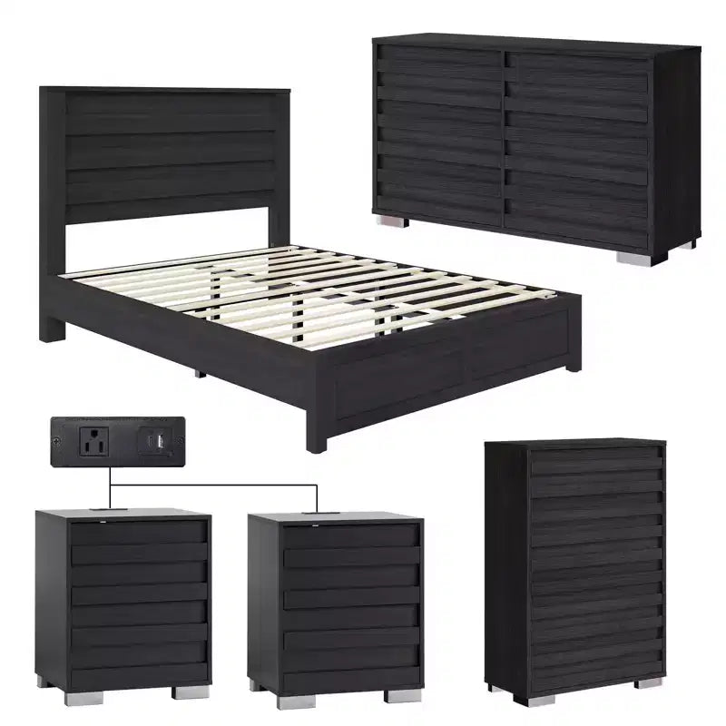 AMERLIFE Ensemble de chambre 5 pièces style ferme, cadre de lit, commode 6 tiroirs 54 po L, commode 5 tiroirs 47 po H, ensemble de 2 tables de chevet