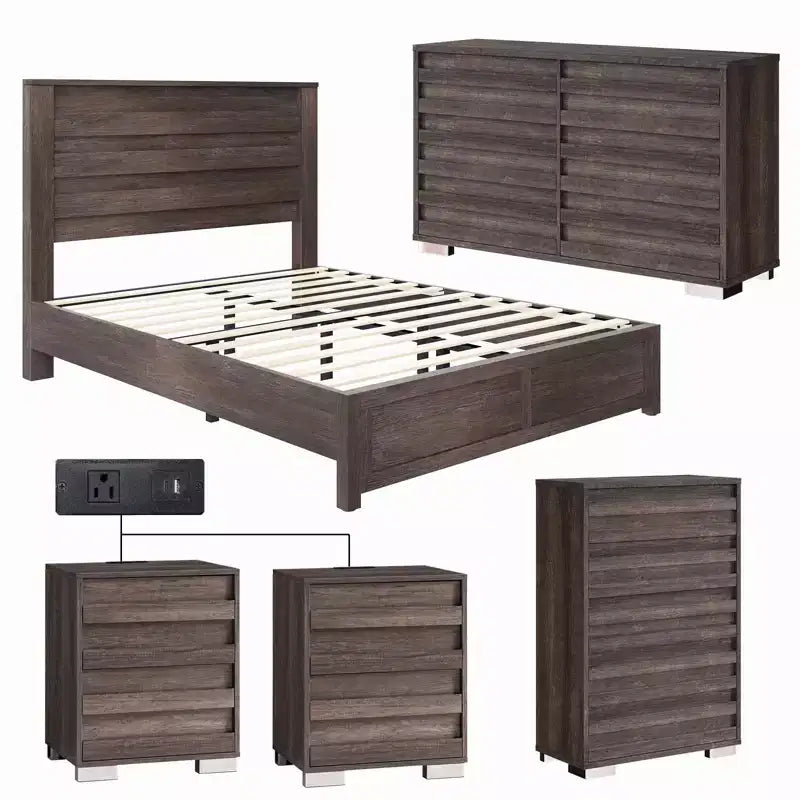 AMERLIFE 5 Pieces Farmhouse Bedroom Sets, Bed Frame, 54 W 6 Drawer Dresser, 47'' H 5 Drawer Dresser, Nightstand Set of 2
