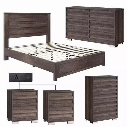 AMERLIFE 5 Pieces Farmhouse Bedroom Sets, Bed Frame, 54 W 6 Drawer Dresser, 47'' H 5 Drawer Dresser, Nightstand Set of 2