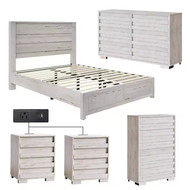 AMERLIFE Ensemble de chambre 5 pièces style ferme, cadre de lit, commode 6 tiroirs 54 po L, commode 5 tiroirs 47 po H, ensemble de 2 tables de chevet