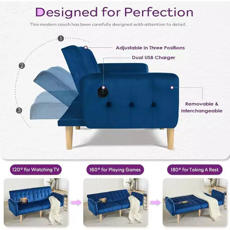 TYBOATLE 65 Canapé-Lit Futon Convertible en Similicuir, Canapé Rembourré Moderne avec Port USB, Causeuse Pliante pour Petits Espaces, Appartement, Dortoir, Bureau