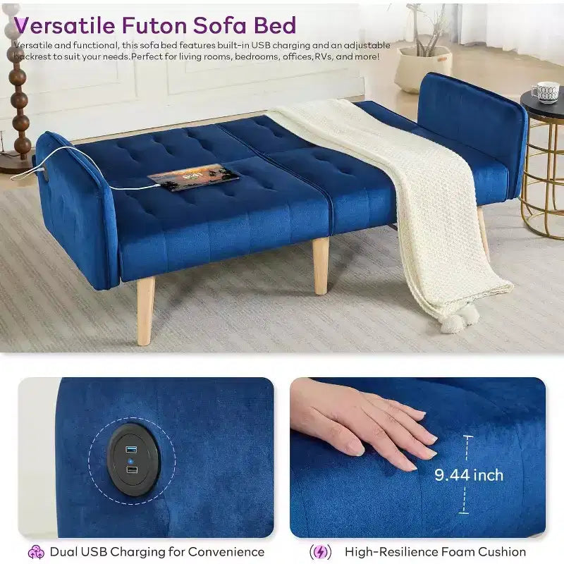 TYBOATLE 65 Canapé-Lit Futon Convertible en Similicuir, Canapé Rembourré Moderne avec Port USB, Causeuse Pliante pour Petits Espaces, Appartement, Dortoir, Bureau