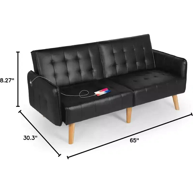 TYBOATLE 65 Canapé-Lit Futon Convertible en Similicuir, Canapé Rembourré Moderne avec Port USB, Causeuse Pliante pour Petits Espaces, Appartement, Dortoir, Bureau