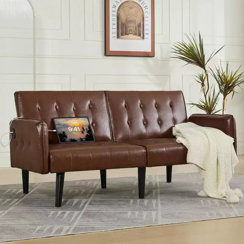 TYBOATLE 65 Canapé-Lit Futon Convertible en Similicuir, Canapé Rembourré Moderne avec Port USB, Causeuse Pliante pour Petits Espaces, Appartement, Dortoir, Bureau