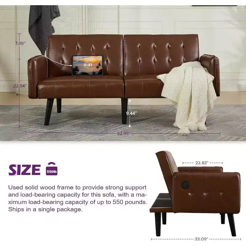 TYBOATLE 65 Canapé-Lit Futon Convertible en Similicuir, Canapé Rembourré Moderne avec Port USB, Causeuse Pliante pour Petits Espaces, Appartement, Dortoir, Bureau