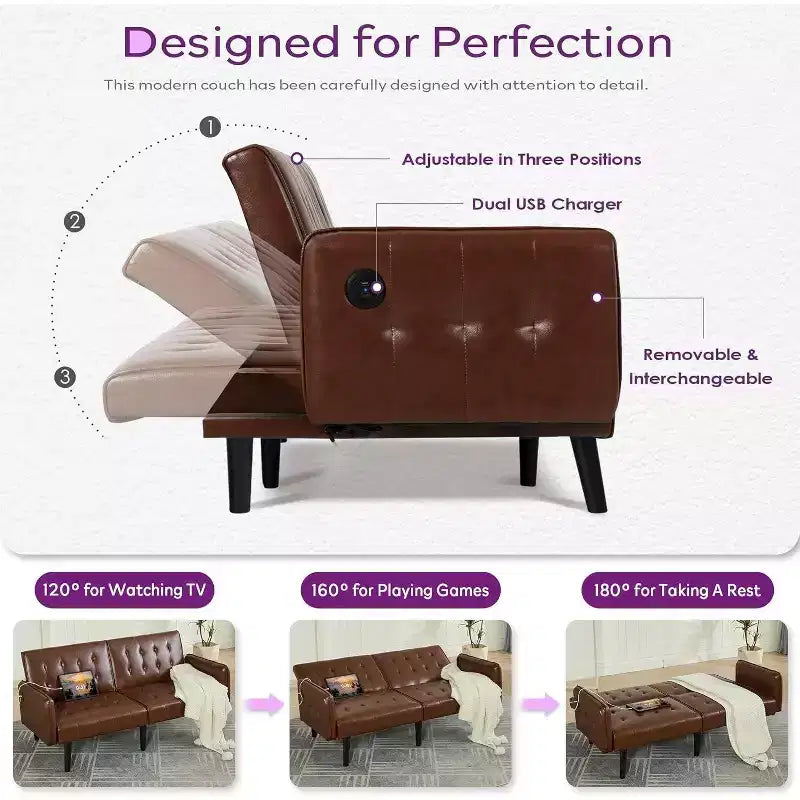 TYBOATLE 65 Canapé-Lit Futon Convertible en Similicuir, Canapé Rembourré Moderne avec Port USB, Causeuse Pliante pour Petits Espaces, Appartement, Dortoir, Bureau