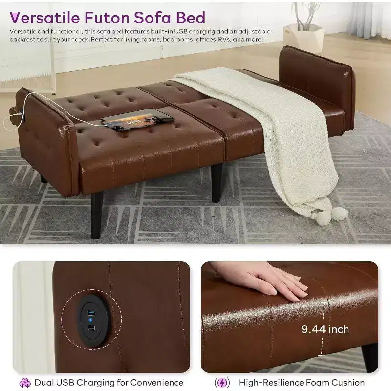 TYBOATLE 65 Canapé-Lit Futon Convertible en Similicuir, Canapé Rembourré Moderne avec Port USB, Causeuse Pliante pour Petits Espaces, Appartement, Dortoir, Bureau