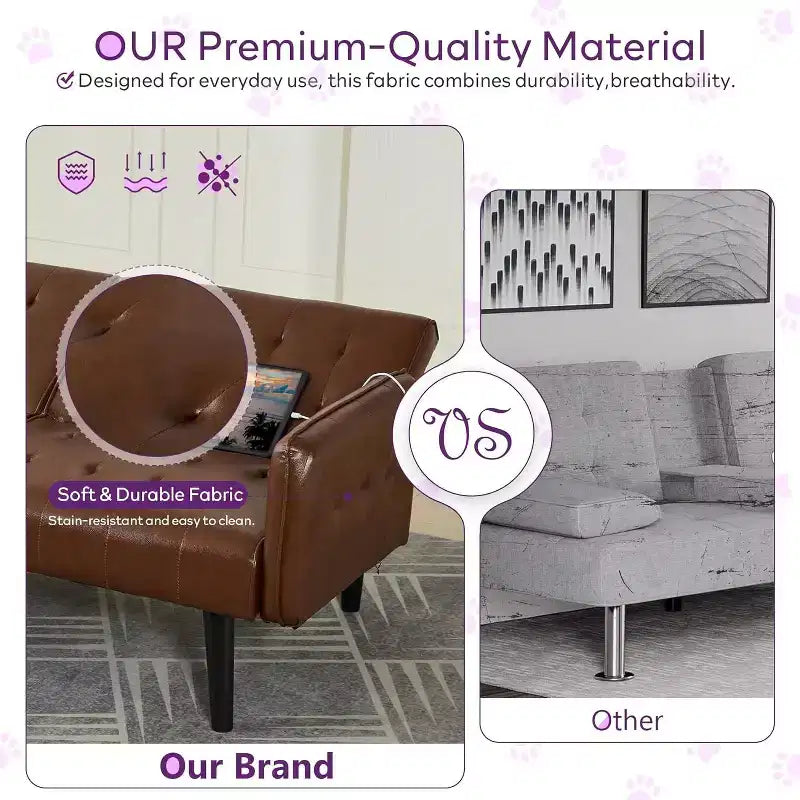TYBOATLE 65 Canapé-Lit Futon Convertible en Similicuir, Canapé Rembourré Moderne avec Port USB, Causeuse Pliante pour Petits Espaces, Appartement, Dortoir, Bureau