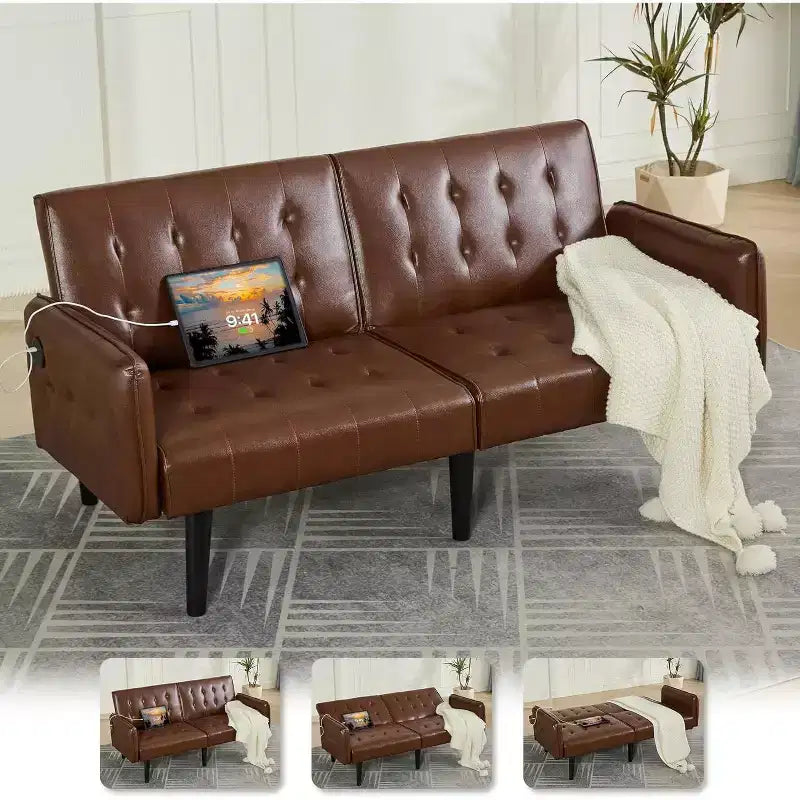 TYBOATLE 65 Canapé-Lit Futon Convertible en Similicuir, Canapé Rembourré Moderne avec Port USB, Causeuse Pliante pour Petits Espaces, Appartement, Dortoir, Bureau