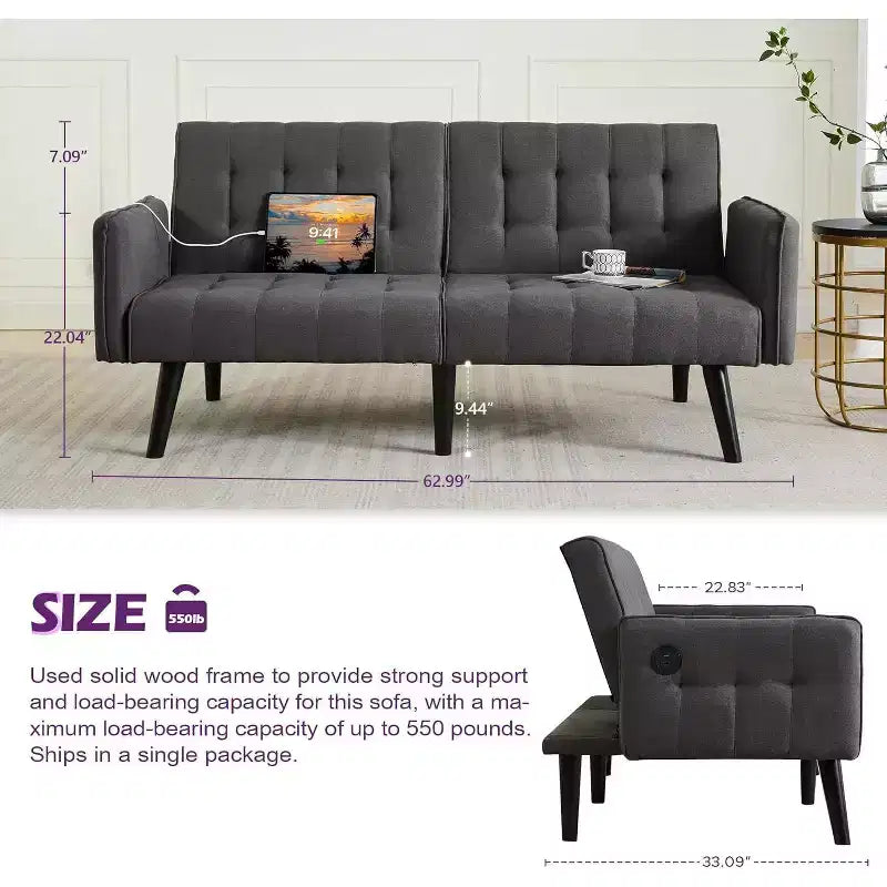 TYBOATLE 65 Canapé-Lit Futon Convertible en Similicuir, Canapé Rembourré Moderne avec Port USB, Causeuse Pliante pour Petits Espaces, Appartement, Dortoir, Bureau