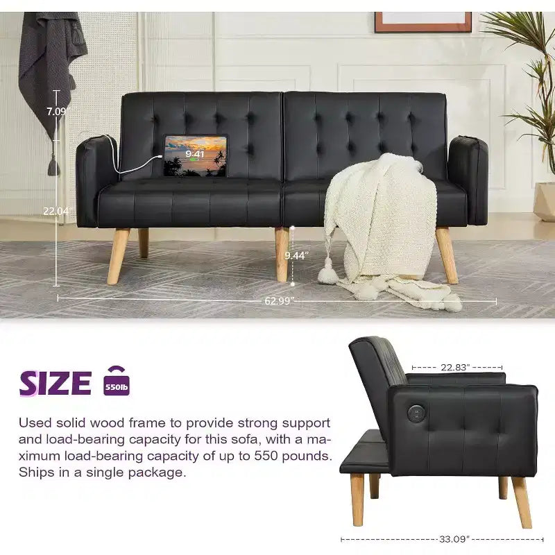 TYBOATLE 65 Canapé-Lit Futon Convertible en Similicuir, Canapé Rembourré Moderne avec Port USB, Causeuse Pliante pour Petits Espaces, Appartement, Dortoir, Bureau