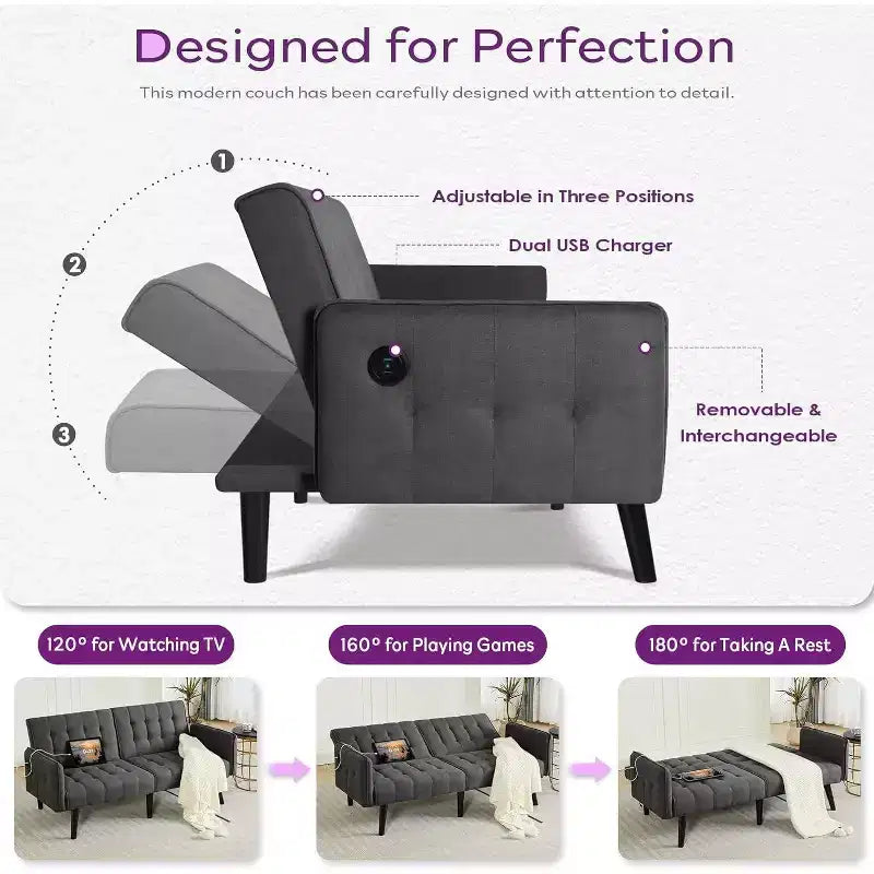 TYBOATLE 65 Canapé-Lit Futon Convertible en Similicuir, Canapé Rembourré Moderne avec Port USB, Causeuse Pliante pour Petits Espaces, Appartement, Dortoir, Bureau
