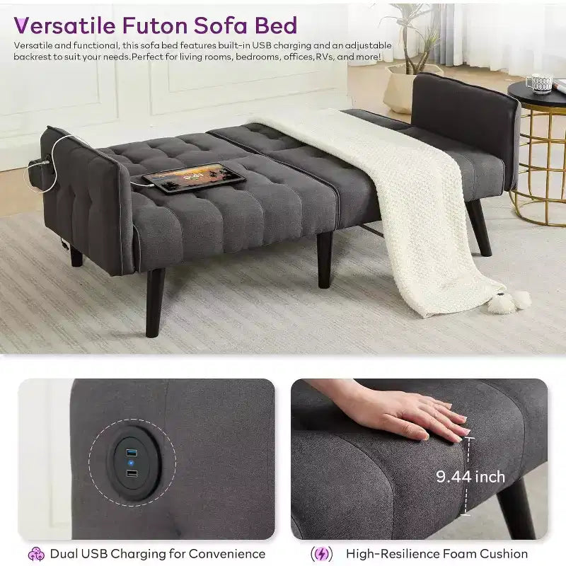 TYBOATLE 65 Canapé-Lit Futon Convertible en Similicuir, Canapé Rembourré Moderne avec Port USB, Causeuse Pliante pour Petits Espaces, Appartement, Dortoir, Bureau