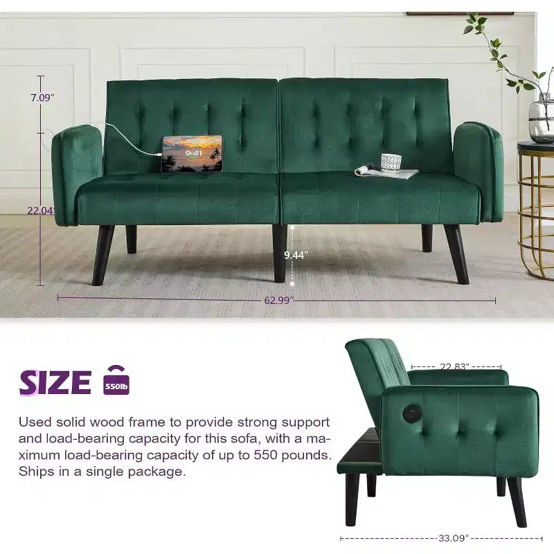 TYBOATLE 65 Canapé-Lit Futon Convertible en Similicuir, Canapé Rembourré Moderne avec Port USB, Causeuse Pliante pour Petits Espaces, Appartement, Dortoir, Bureau
