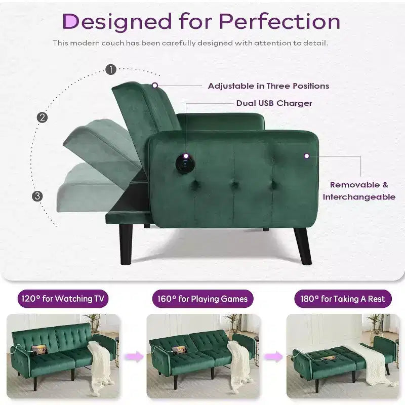TYBOATLE 65 Canapé-Lit Futon Convertible en Similicuir, Canapé Rembourré Moderne avec Port USB, Causeuse Pliante pour Petits Espaces, Appartement, Dortoir, Bureau
