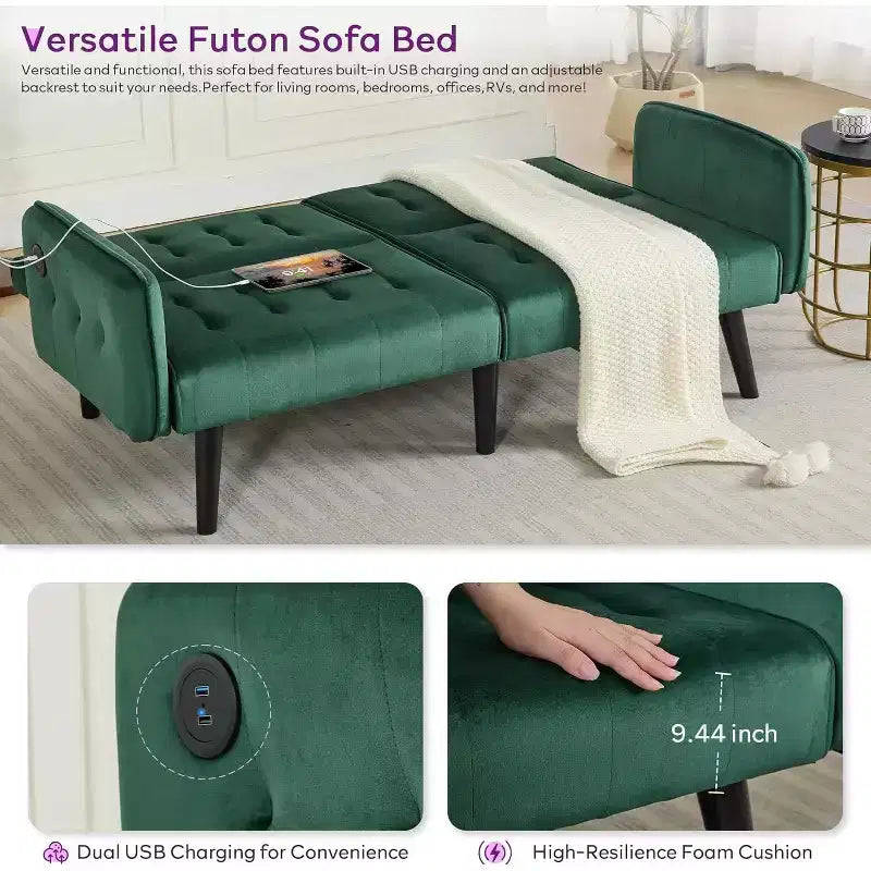 TYBOATLE 65 Canapé-Lit Futon Convertible en Similicuir, Canapé Rembourré Moderne avec Port USB, Causeuse Pliante pour Petits Espaces, Appartement, Dortoir, Bureau