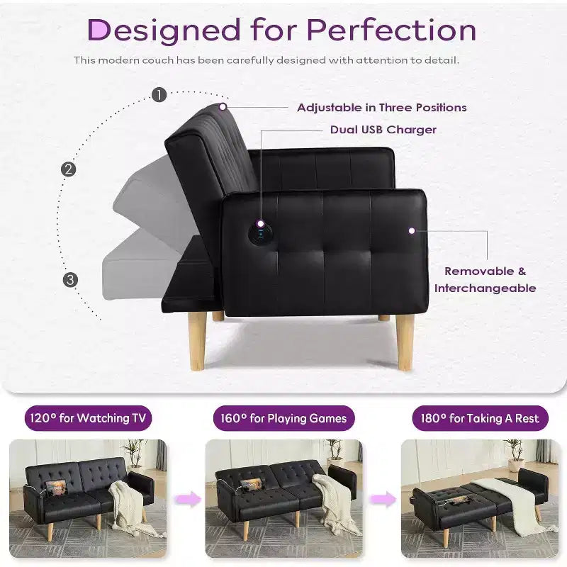TYBOATLE 65 Canapé-Lit Futon Convertible en Similicuir, Canapé Rembourré Moderne avec Port USB, Causeuse Pliante pour Petits Espaces, Appartement, Dortoir, Bureau