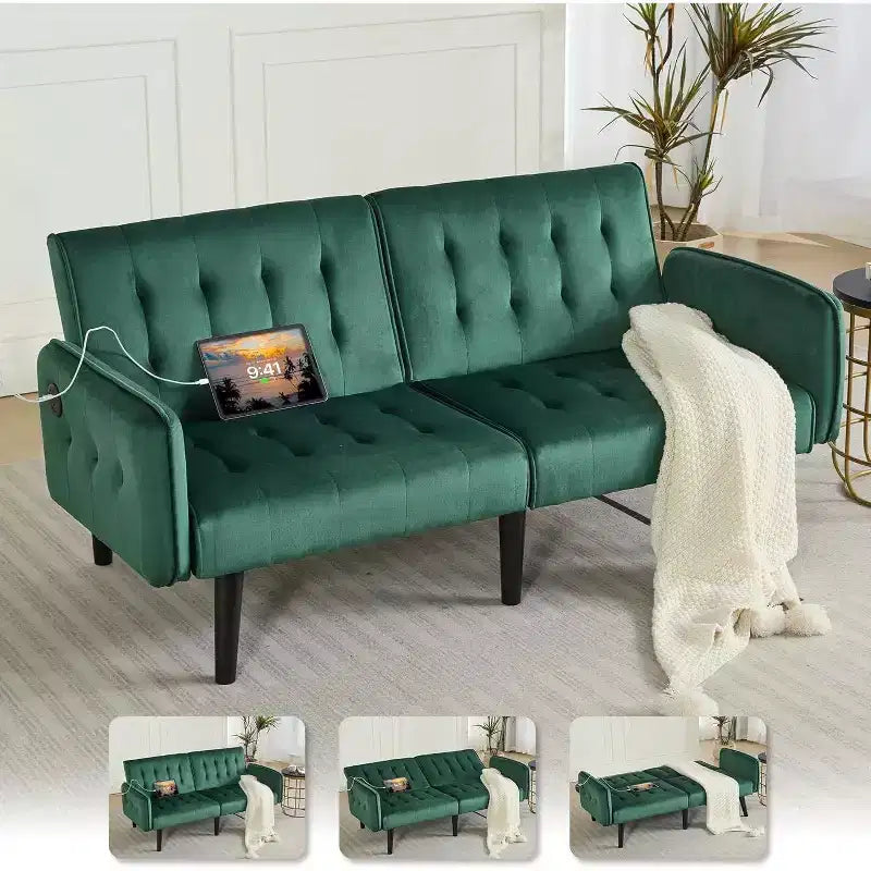 TYBOATLE 65 Canapé-Lit Futon Convertible en Similicuir, Canapé Rembourré Moderne avec Port USB, Causeuse Pliante pour Petits Espaces, Appartement, Dortoir, Bureau