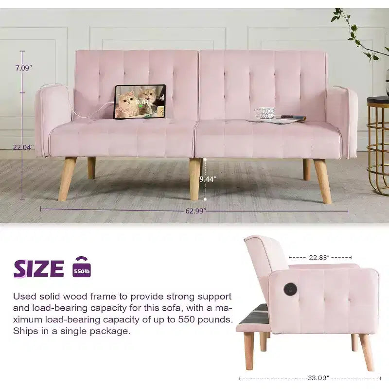 TYBOATLE 65 Canapé-Lit Futon Convertible en Similicuir, Canapé Rembourré Moderne avec Port USB, Causeuse Pliante pour Petits Espaces, Appartement, Dortoir, Bureau