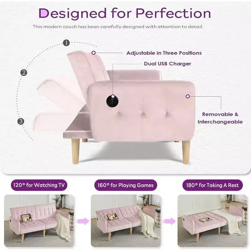 TYBOATLE 65 Canapé-Lit Futon Convertible en Similicuir, Canapé Rembourré Moderne avec Port USB, Causeuse Pliante pour Petits Espaces, Appartement, Dortoir, Bureau