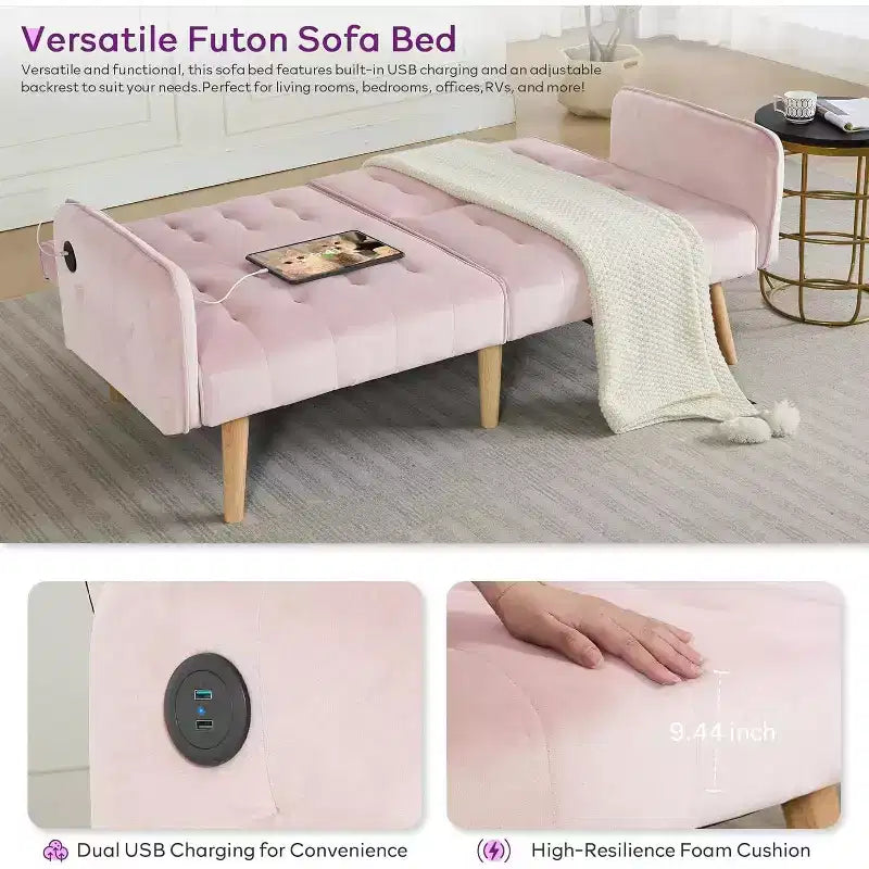 TYBOATLE 65 Canapé-Lit Futon Convertible en Similicuir, Canapé Rembourré Moderne avec Port USB, Causeuse Pliante pour Petits Espaces, Appartement, Dortoir, Bureau