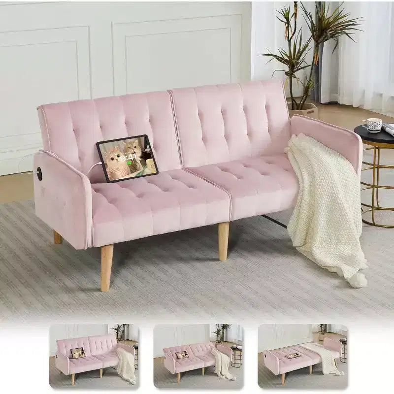TYBOATLE 65 Canapé-Lit Futon Convertible en Similicuir, Canapé Rembourré Moderne avec Port USB, Causeuse Pliante pour Petits Espaces, Appartement, Dortoir, Bureau