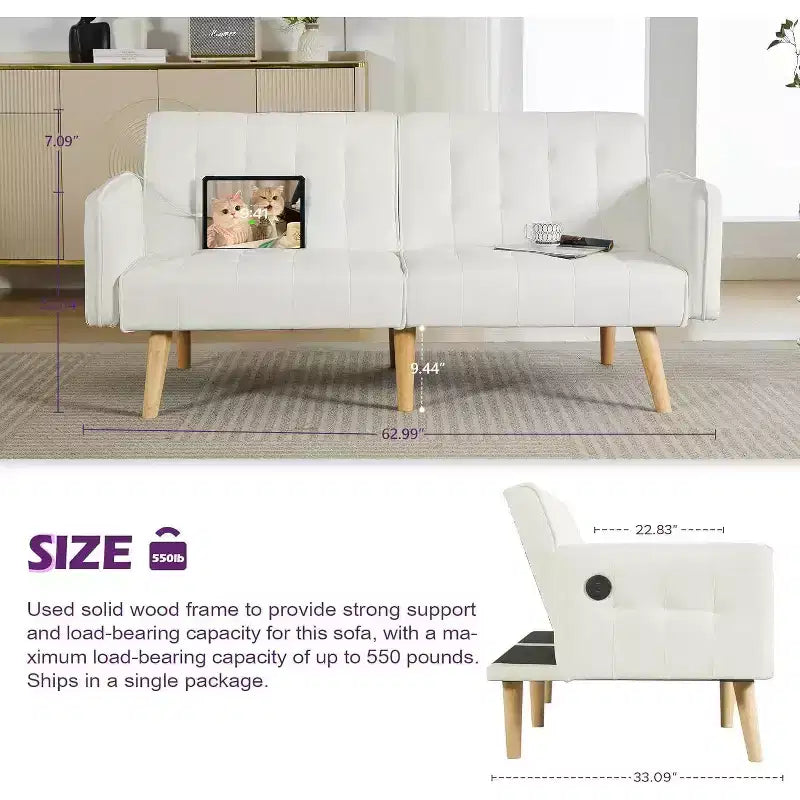 TYBOATLE 65 Canapé-Lit Futon Convertible en Similicuir, Canapé Rembourré Moderne avec Port USB, Causeuse Pliante pour Petits Espaces, Appartement, Dortoir, Bureau