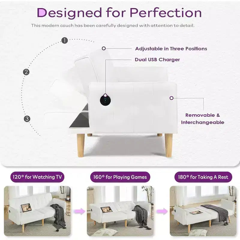 TYBOATLE 65 Canapé-Lit Futon Convertible en Similicuir, Canapé Rembourré Moderne avec Port USB, Causeuse Pliante pour Petits Espaces, Appartement, Dortoir, Bureau