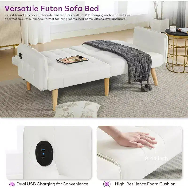 TYBOATLE 65 Canapé-Lit Futon Convertible en Similicuir, Canapé Rembourré Moderne avec Port USB, Causeuse Pliante pour Petits Espaces, Appartement, Dortoir, Bureau