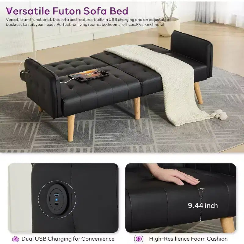 TYBOATLE 65 Canapé-Lit Futon Convertible en Similicuir, Canapé Rembourré Moderne avec Port USB, Causeuse Pliante pour Petits Espaces, Appartement, Dortoir, Bureau