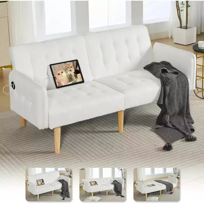 TYBOATLE 65 Canapé-Lit Futon Convertible en Similicuir, Canapé Rembourré Moderne avec Port USB, Causeuse Pliante pour Petits Espaces, Appartement, Dortoir, Bureau