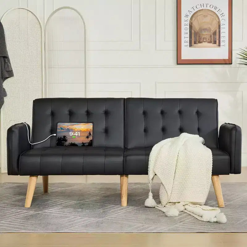 TYBOATLE 65 Canapé-Lit Futon Convertible en Similicuir, Canapé Rembourré Moderne avec Port USB, Causeuse Pliante pour Petits Espaces, Appartement, Dortoir, Bureau