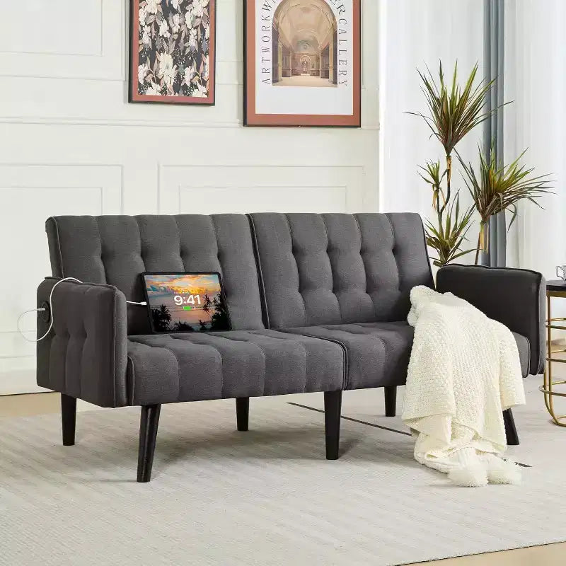 TYBOATLE 65 Canapé-Lit Futon Convertible en Similicuir, Canapé Rembourré Moderne avec Port USB, Causeuse Pliante pour Petits Espaces, Appartement, Dortoir, Bureau