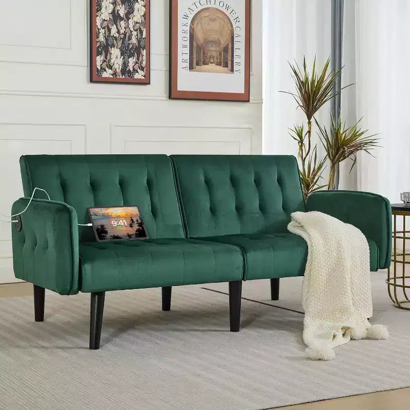 TYBOATLE 65 Canapé-Lit Futon Convertible en Similicuir, Canapé Rembourré Moderne avec Port USB, Causeuse Pliante pour Petits Espaces, Appartement, Dortoir, Bureau