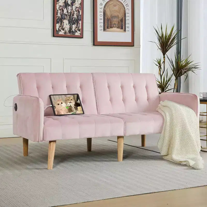 TYBOATLE 65 Canapé-Lit Futon Convertible en Similicuir, Canapé Rembourré Moderne avec Port USB, Causeuse Pliante pour Petits Espaces, Appartement, Dortoir, Bureau