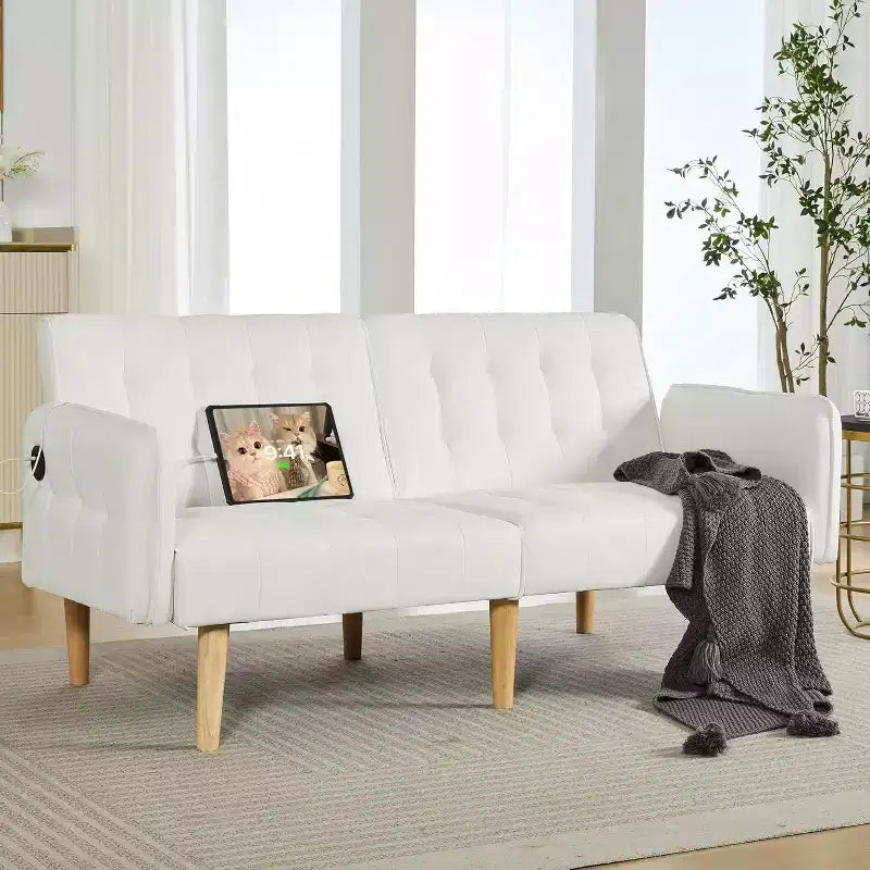TYBOATLE 65 Canapé-Lit Futon Convertible en Similicuir, Canapé Rembourré Moderne avec Port USB, Causeuse Pliante pour Petits Espaces, Appartement, Dortoir, Bureau