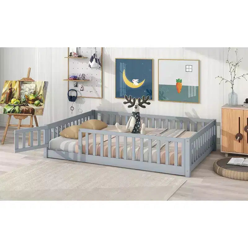 MAYEERTY Full Size Floor Bed with Fence and Door, Rubber Wood Floor Bed Guardrails Gray