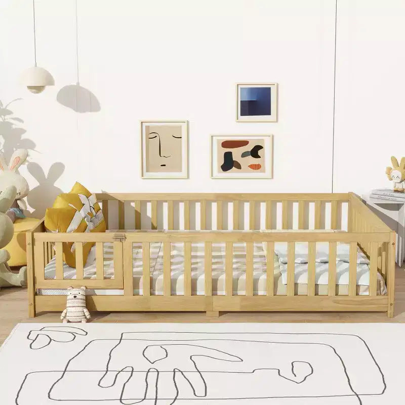 MAYEERTY Full Floor Bed with Fence and Door, Rubber Wood Bed Guardrails Beige