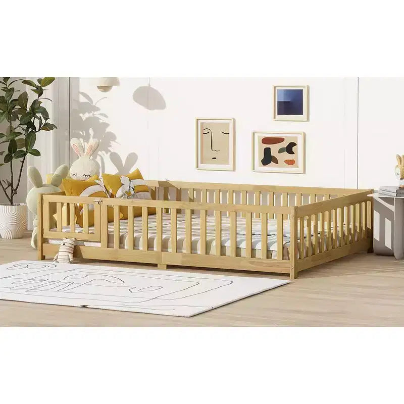 Lit Complet au Sol avec Clôture et Porte, Barrières de Lit en Bois d'Hévéa Beige