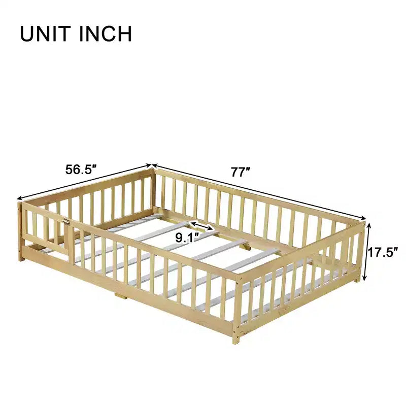 Lit Complet au Sol avec Clôture et Porte, Barrières de Lit en Bois d'Hévéa Beige