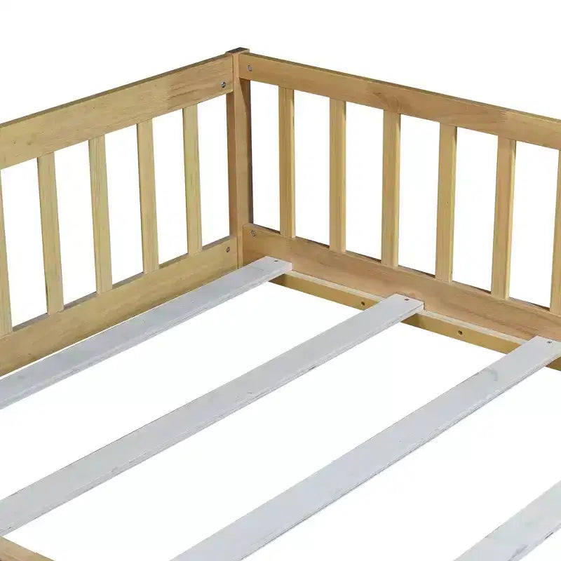 Lit Complet au Sol avec Clôture et Porte, Barrières de Lit en Bois d'Hévéa Beige