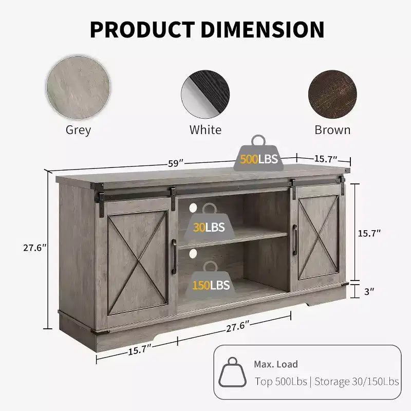 Meuble TV de style rustique pour téléviseurs jusqu'à 65 pouces avec portes coulissantes de grange et étagère réglable, table console de rangement pour médias TV