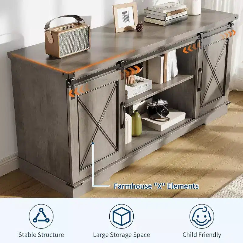 Meuble TV de style rustique pour téléviseurs jusqu'à 65 pouces avec portes coulissantes de grange et étagère réglable, table console de rangement pour médias TV