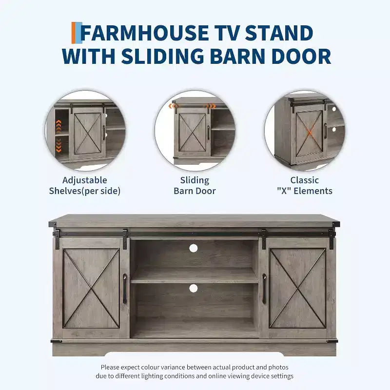 Meuble TV de style rustique pour téléviseurs jusqu'à 65 pouces avec portes coulissantes de grange et étagère réglable, table console de rangement pour médias TV