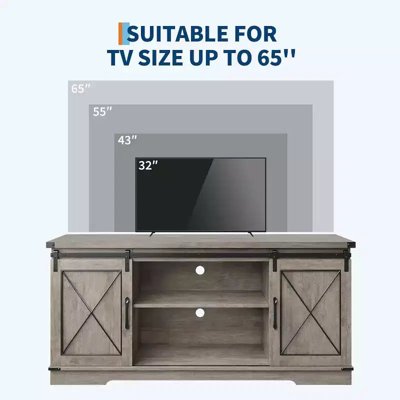 Meuble TV de style rustique pour téléviseurs jusqu'à 65 pouces avec portes coulissantes de grange et étagère réglable, table console de rangement pour médias TV